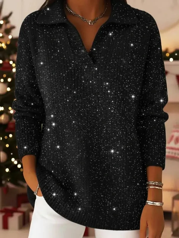 Christmas Party Polo Collar Shiny Loose Sweater Top