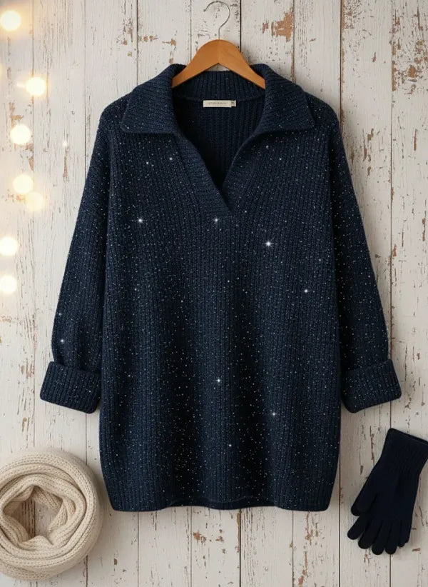 Christmas Party Polo Collar Shiny Loose Sweater Top