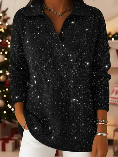 Christmas Party Polo Collar Shiny Loose Sweater Top