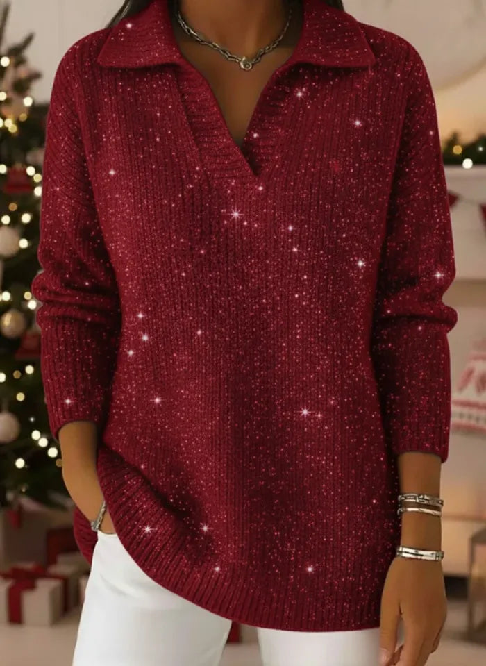 Christmas Party Polo Collar Shiny Loose Sweater Top