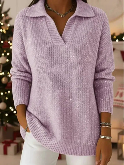 Christmas Party Polo Collar Shiny Loose Sweater Top