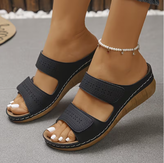 Women'S Comfortable Wedge Sandals, Breathable Hollow Out Double Strap Platform Slides