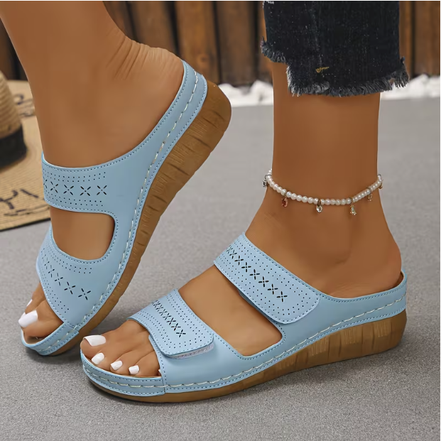 Women'S Comfortable Wedge Sandals, Breathable Hollow Out Double Strap Platform Slides