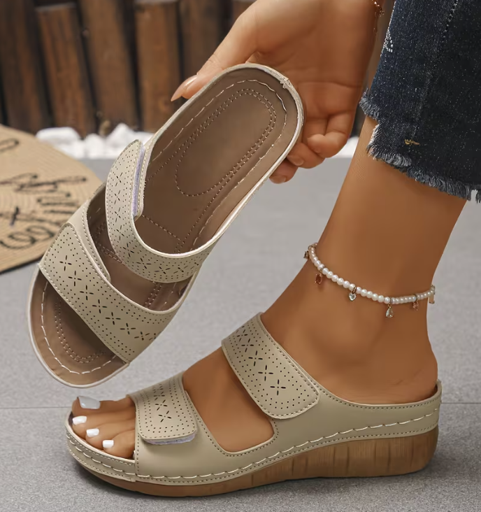 Women'S Comfortable Wedge Sandals, Breathable Hollow Out Double Strap Platform Slides
